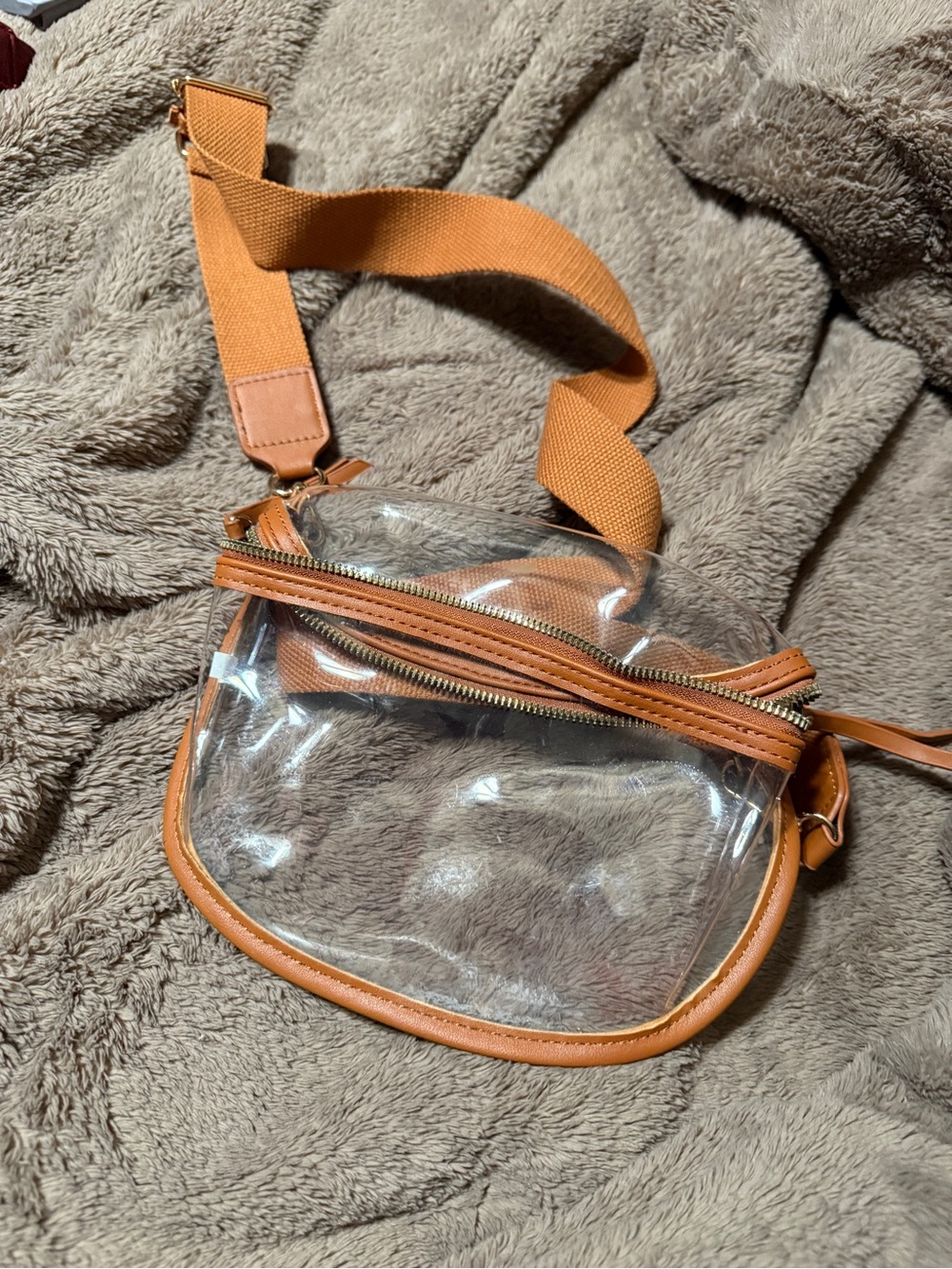 Clear fanny pack Bag with Tan Trim and Wide Strap
